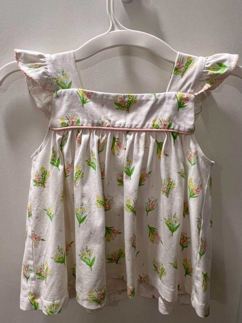 Shrimp and Grits Floral Flutter-Strap Tank Top with Pink Trim